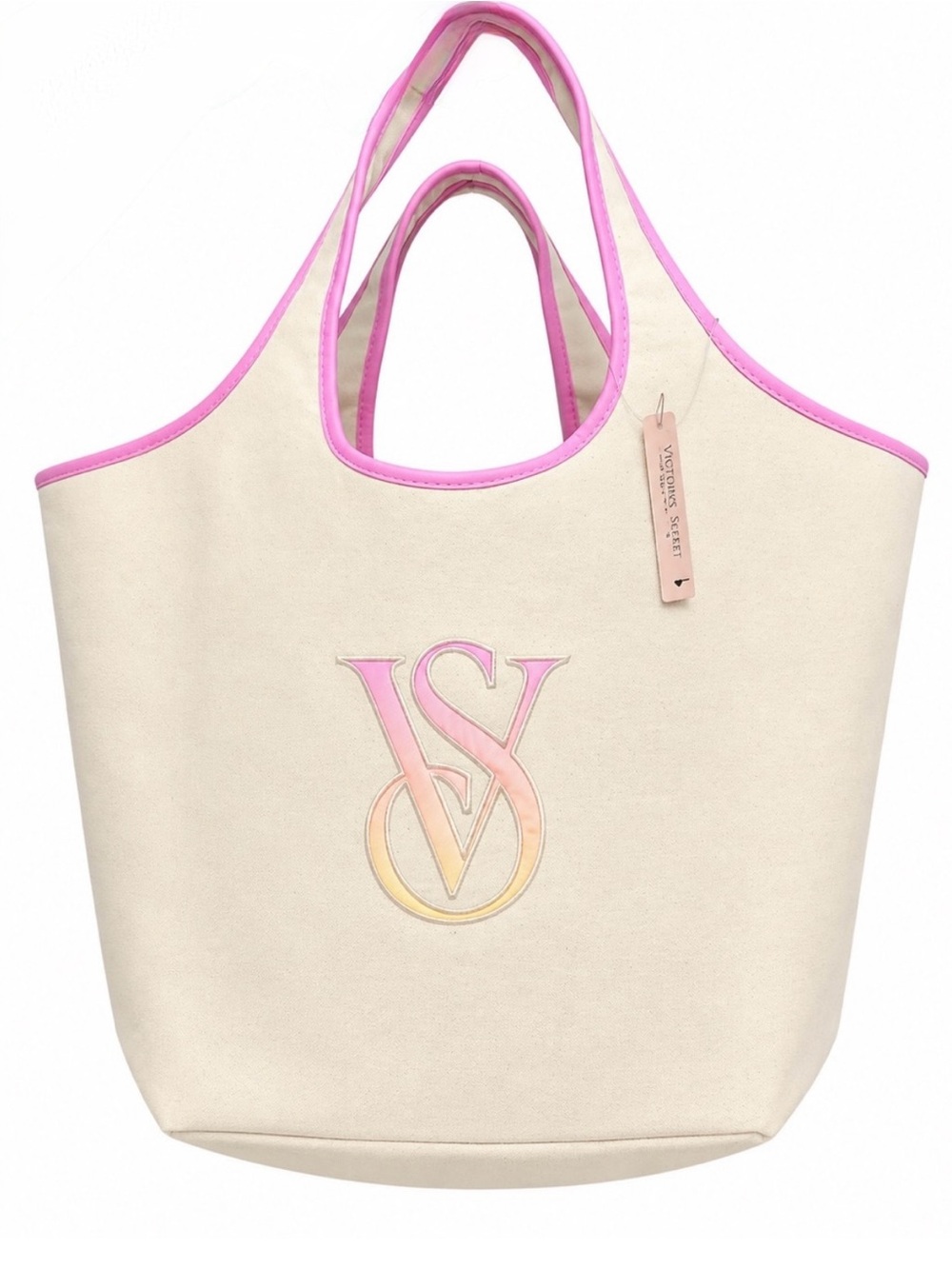 NWT Victoria's Secret Cotton Canvas Beach Tote with Pink Trim and ombre logo VS